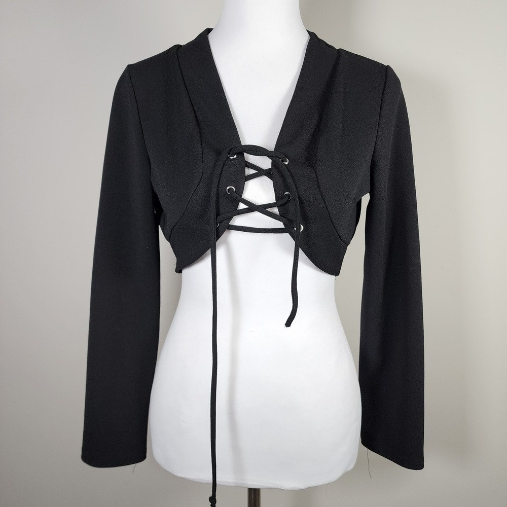 Forever Black Lace Up Crop Top Shrug Jacket Y2K Goth Alt Aesthetic Womens Medium